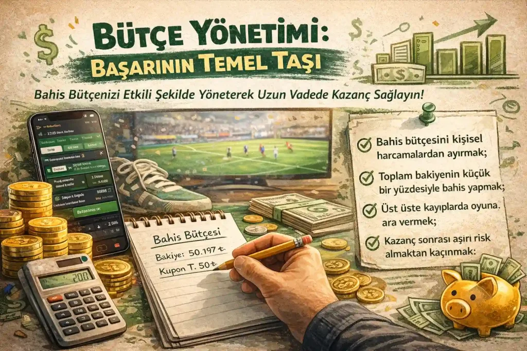 Spor bahisleri temalı çizim tarzında sahnede, bir not defterine “Bahis Bütçesi” yazan oyuncu, hesap makinesi ve para simgeleriyle birlikte “Bütçe Yönetimi: Başarının Temel Taşı” konulu makaleyi temsil eden yatay illüstratif görsel